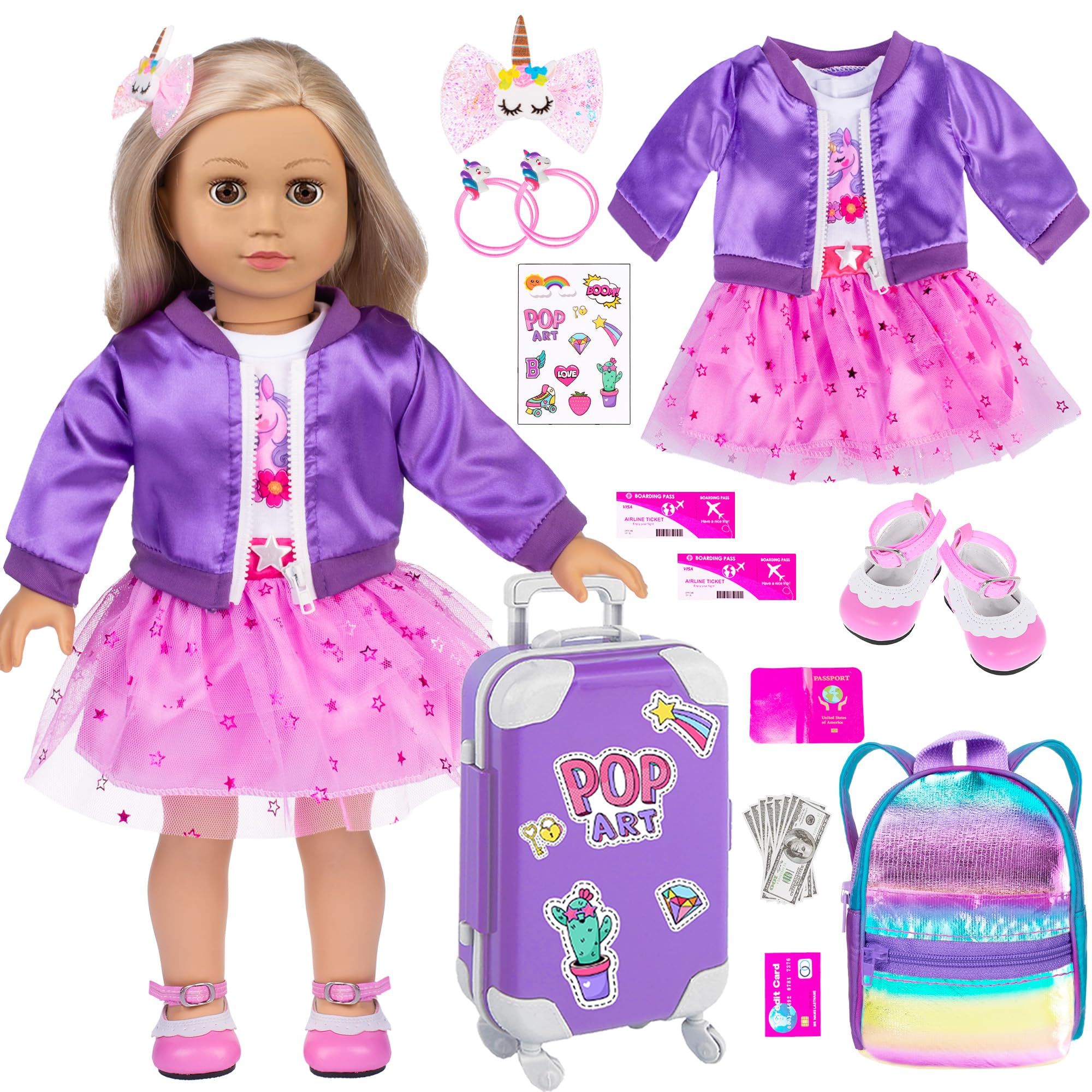 ebuddy 18-inch doll travel suitcase set with unicorn sticker for imaginative play