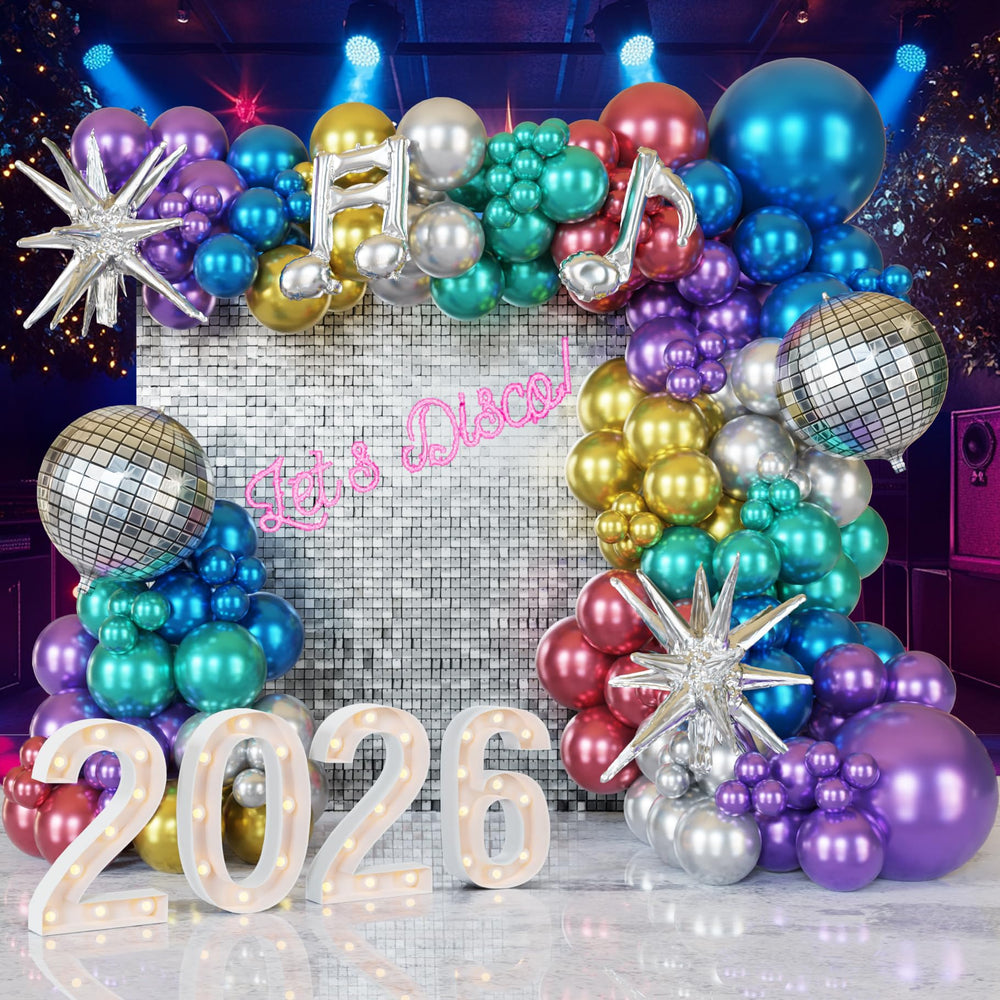 ECEAE metallic balloon garland kit with disco ball foil balloons adds shimmering party backdrop.