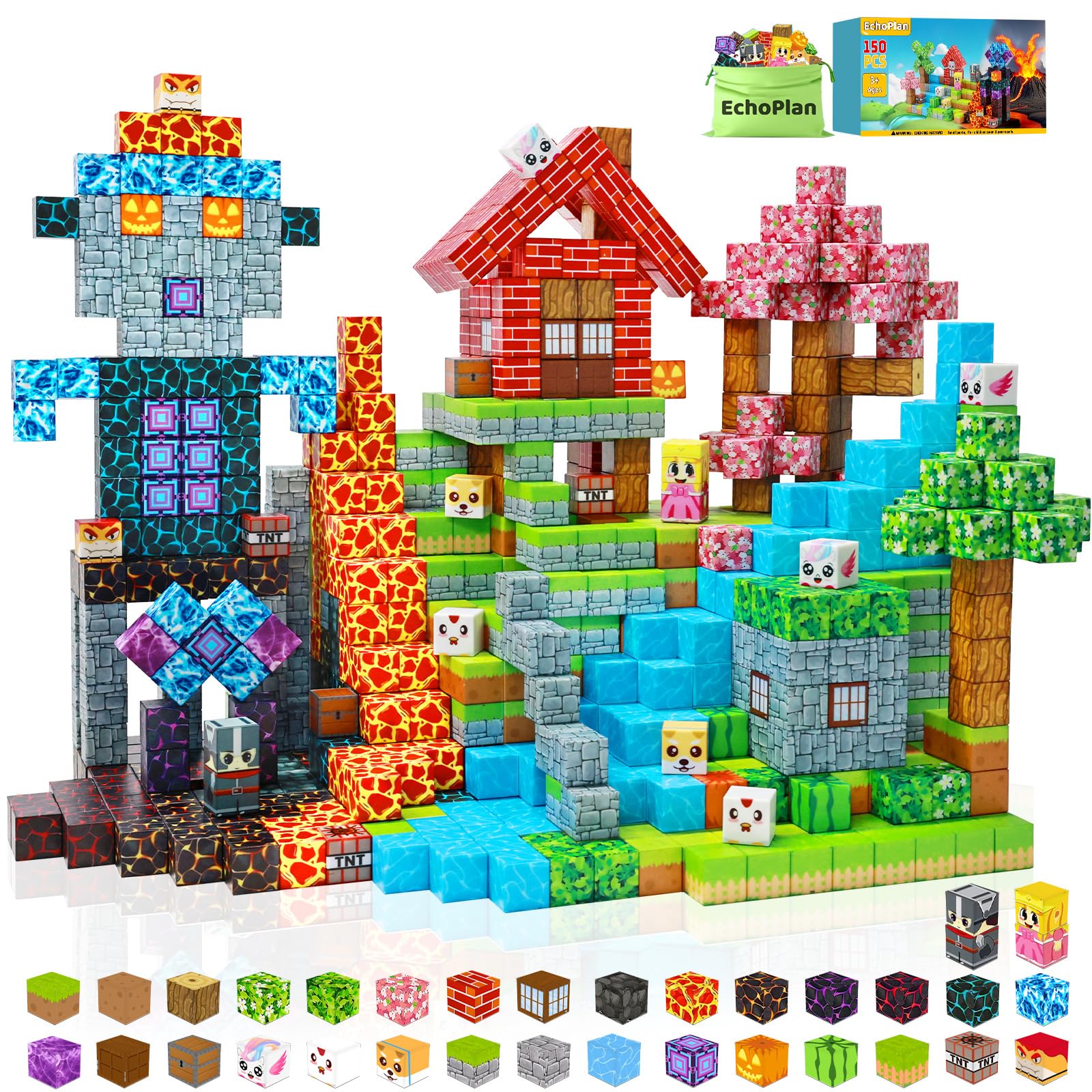 EchoPlan 150PCS magnetic blocks pack shot showing colorful pieces encourage imaginative play