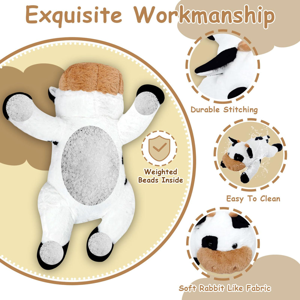 Ecolley weighted cow plush in a bedroom setting for relaxing moments