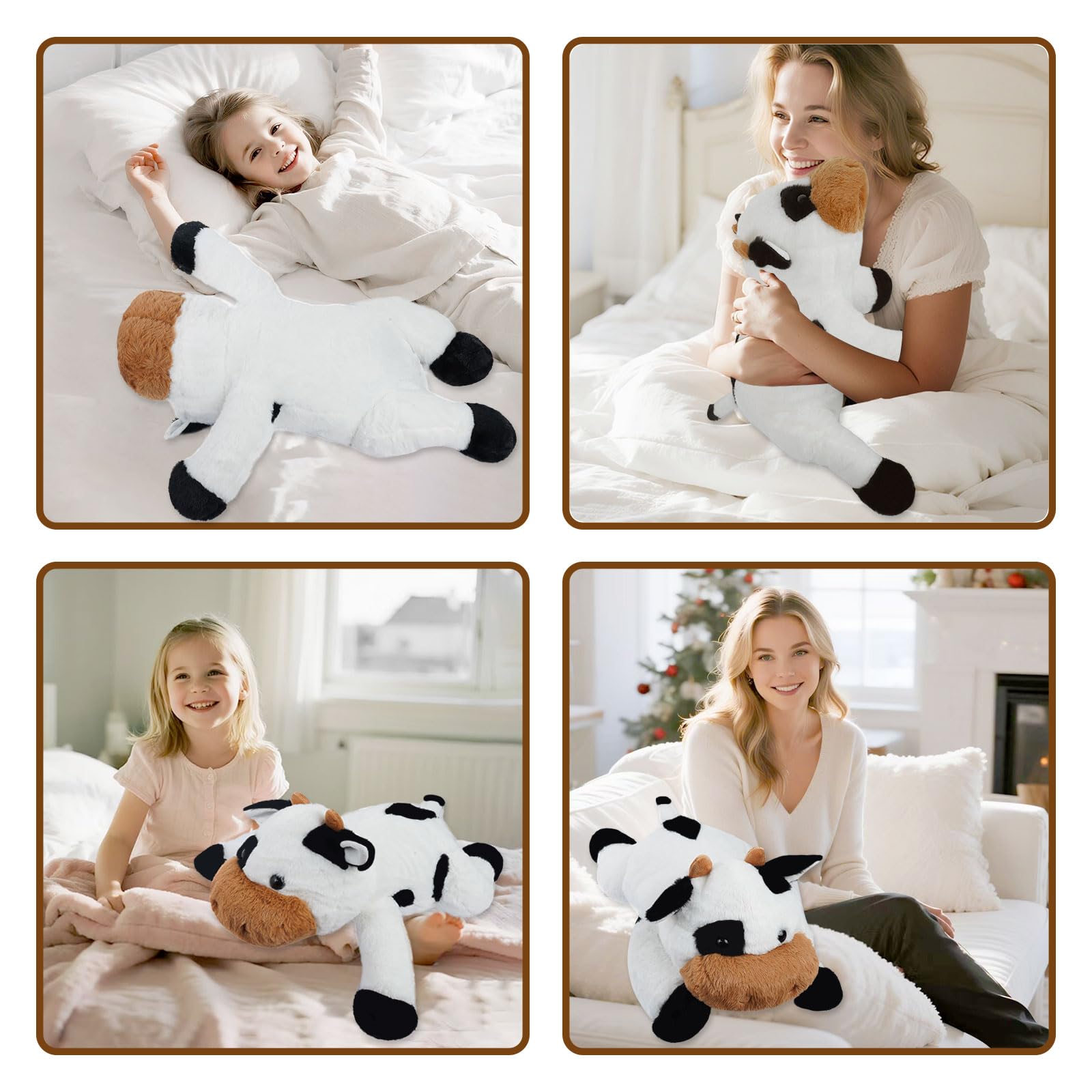 Ecolley weighted cow plush on a sofa ready for cuddling