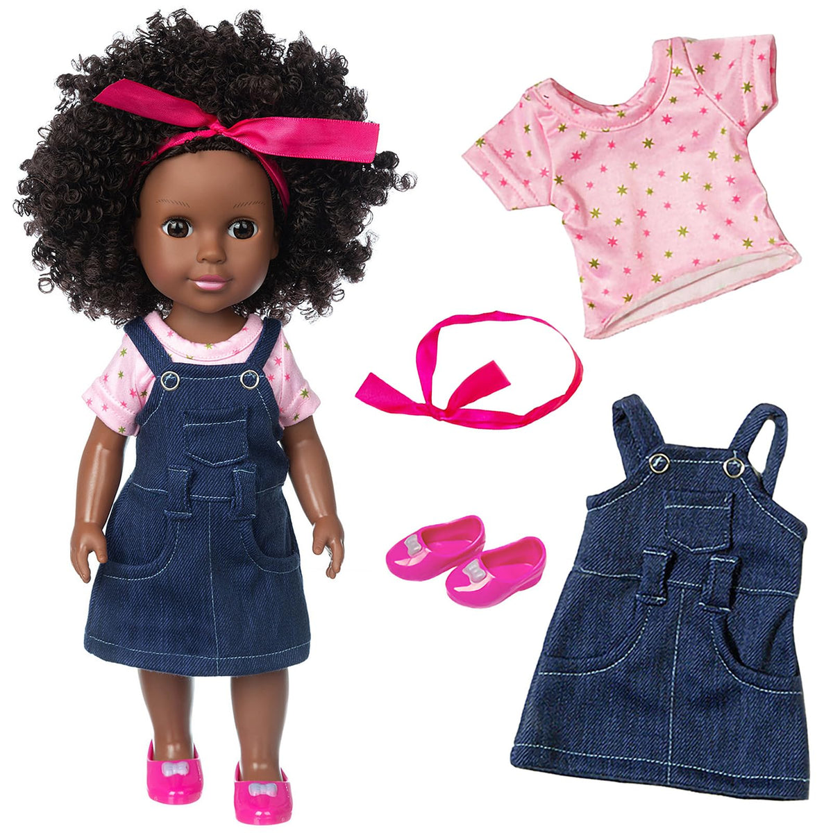 Ecore Fun 14.5-inch African baby doll with denim skirt, ideal for imaginative play