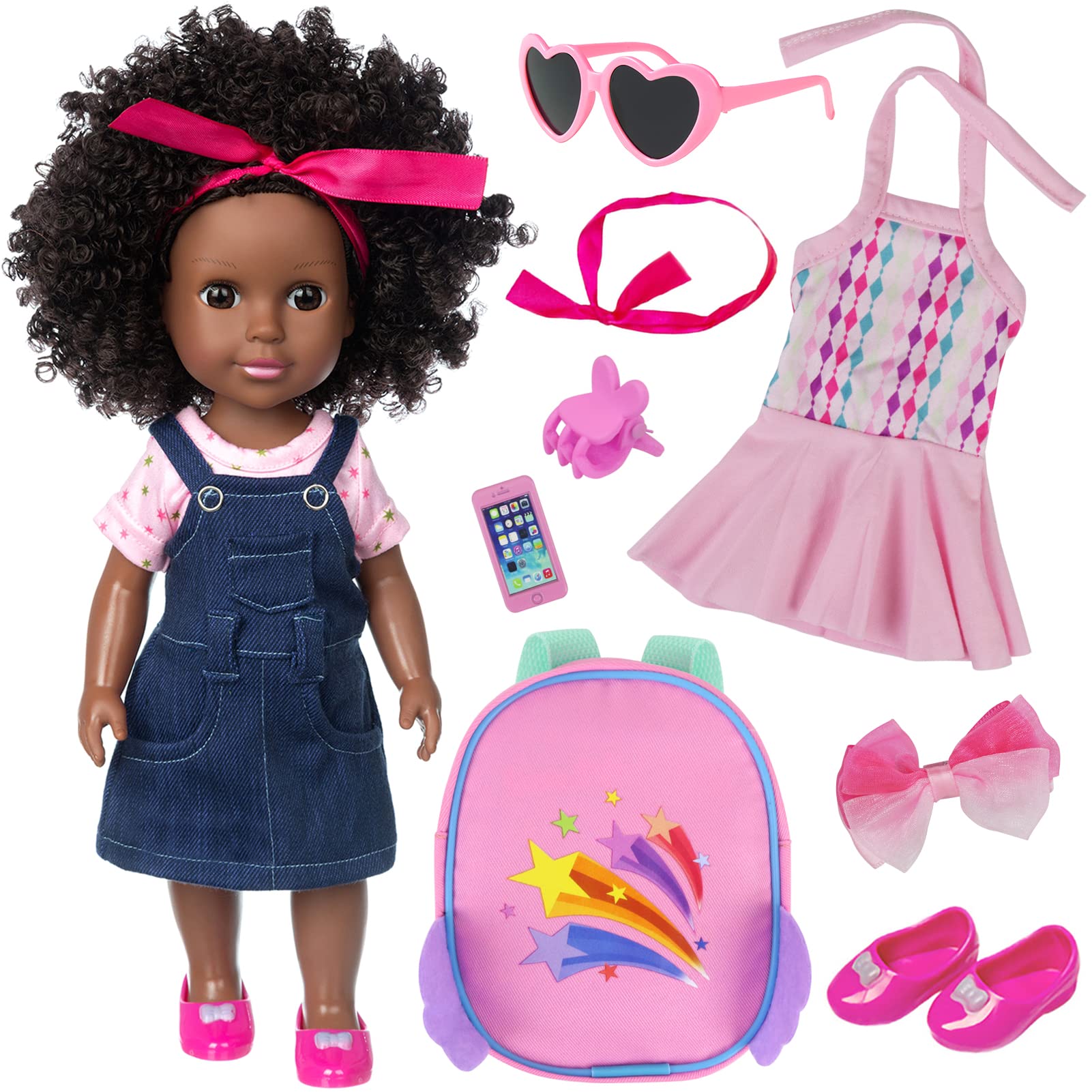 Ecore Fun 14.5-inch black doll with denim skirt set, ideal for imaginative play.