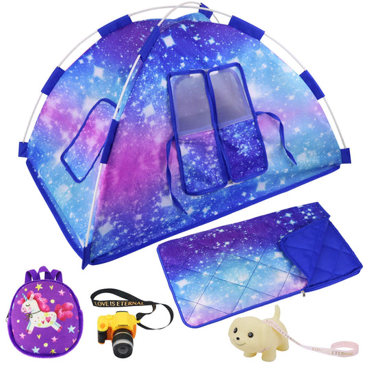 Ecore Fun 18-inch doll camping tent set ready for imaginative play in a starry design.