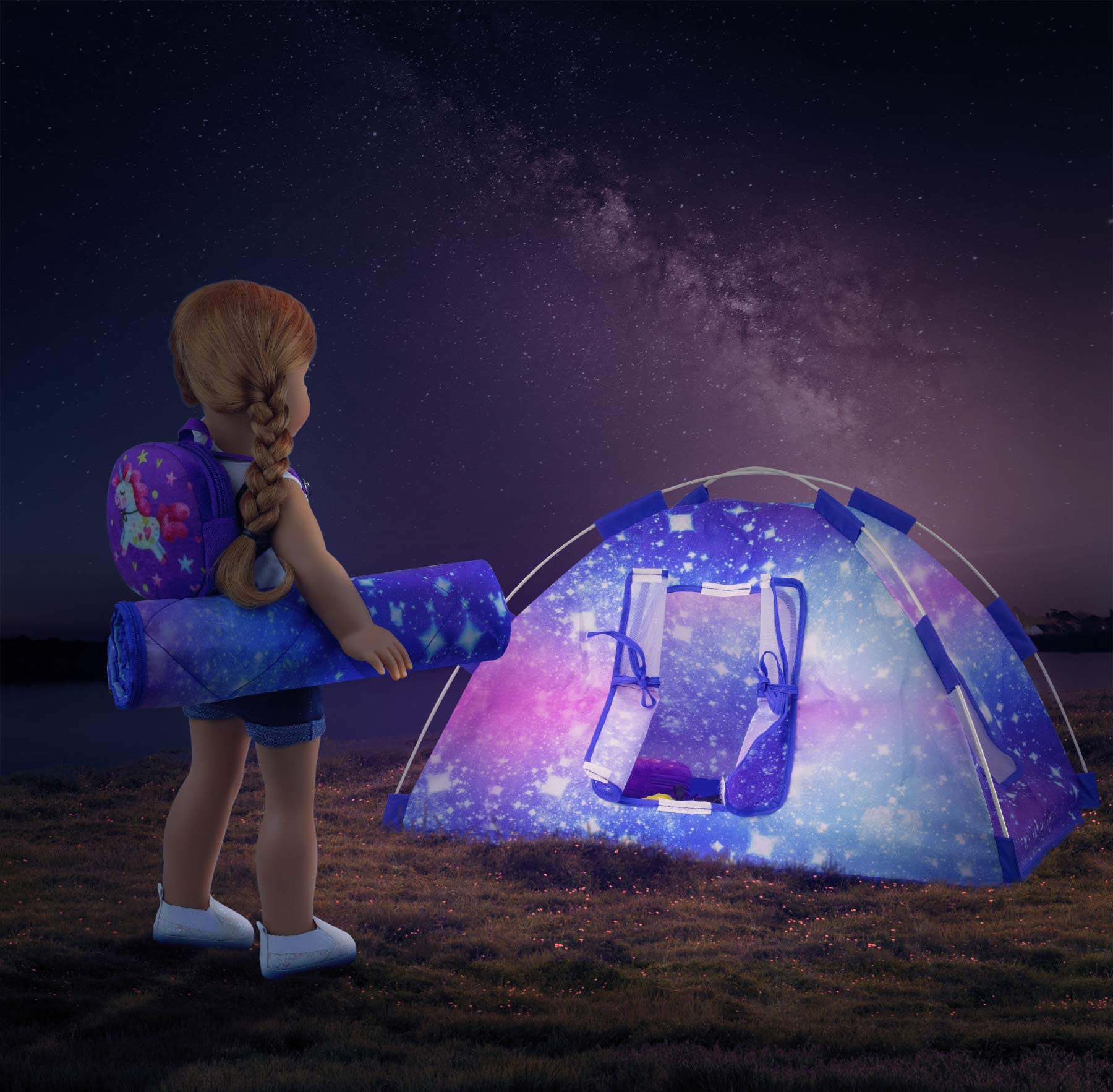 Doll sleeping bag from Ecore Fun for cozy pretend nights.