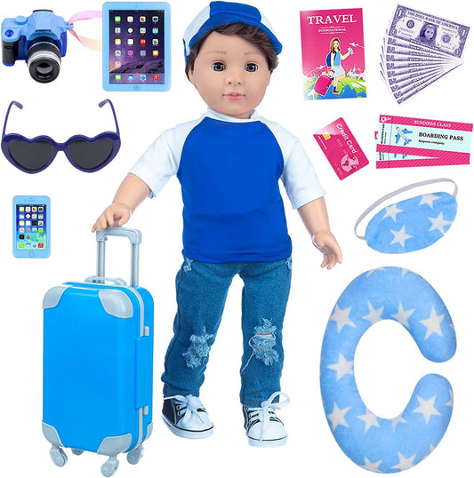 Ecore Fun 18in boy doll travel luggage with secure handle for realistic play.
