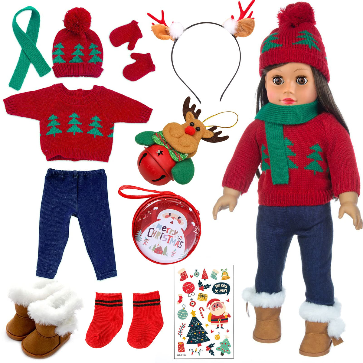 Ecore Fun 18-Inch Doll Clothes set displayed as complete winter Christmas outfit for imaginative play