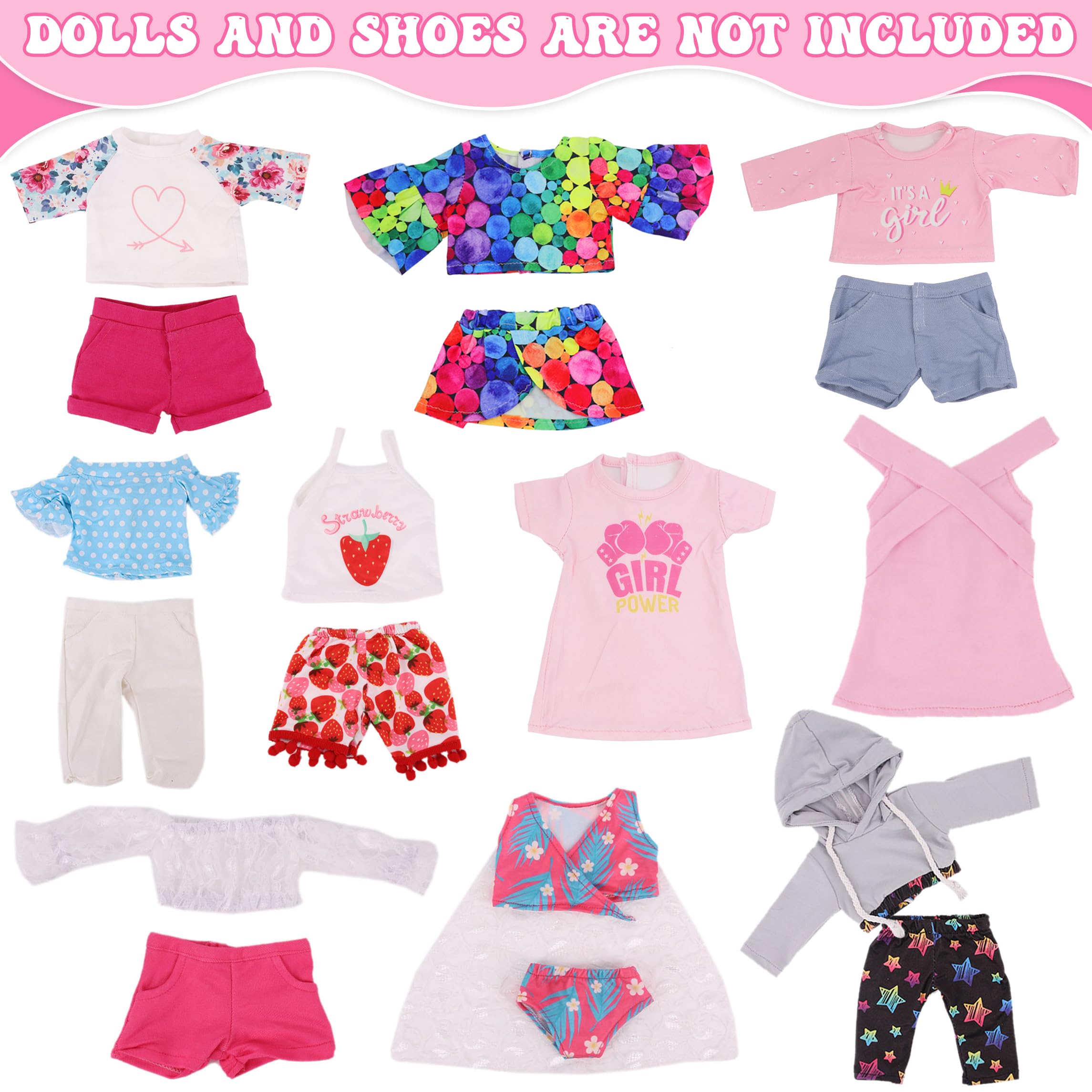 Ecore Fun 18-inch doll tops and shorts for casual everyday looks.