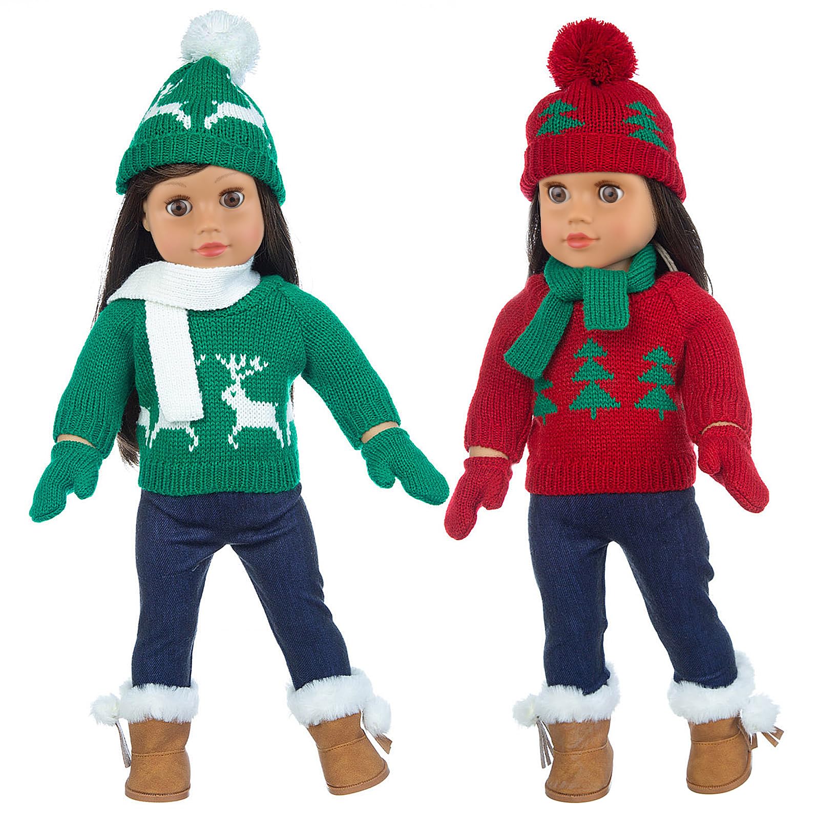 Ecore Fun two set winter outfits for 18 inch American dolls, cozy sweaters and scarves for festive play