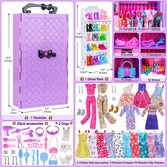 Ecore Fun doll closet interior drawers demonstrate easy access to outfits and accessories.