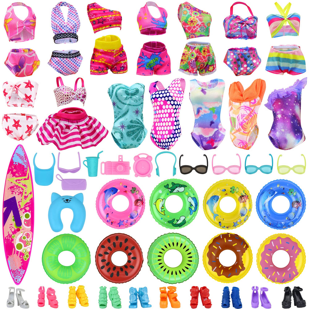 Ecore Fun doll bikini swimsuits for 11.5-inch dolls, colorful mix-and-match outfits.