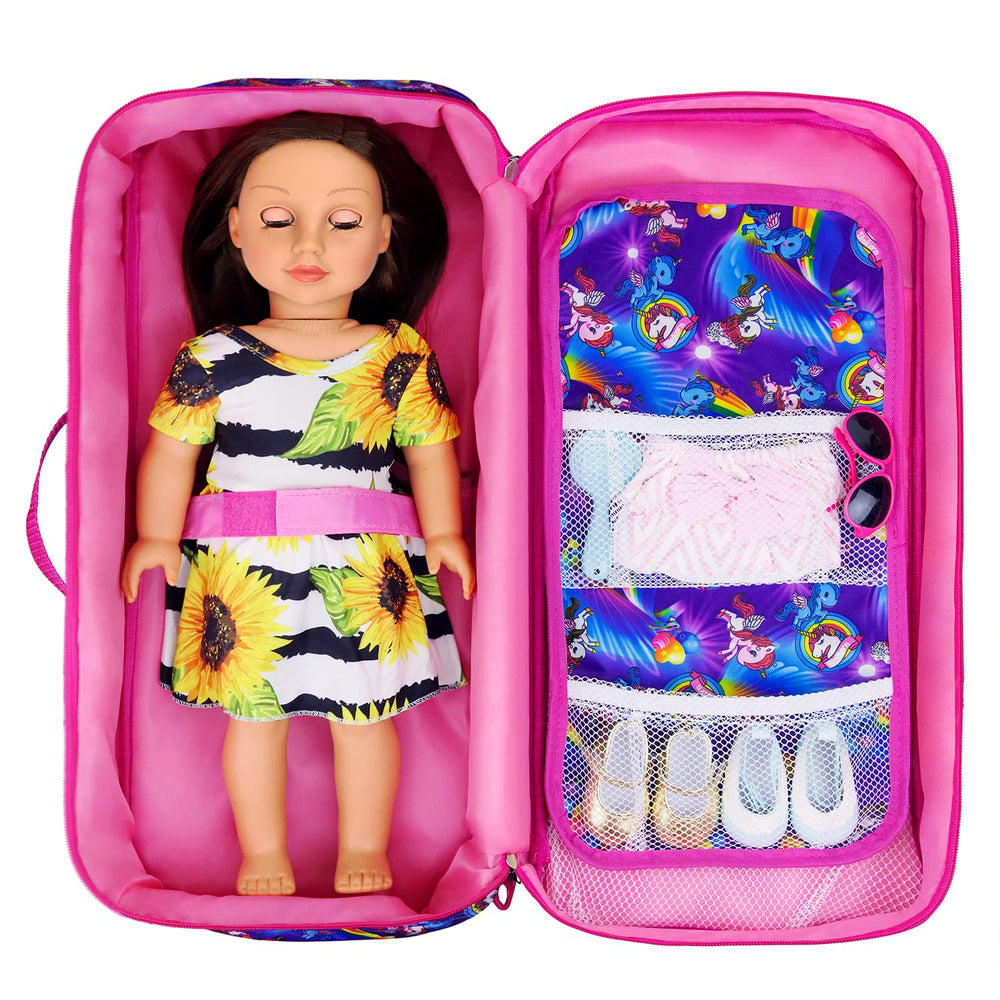 Ecore Fun multi-pocket doll carrier keeps outfits organized during travel.