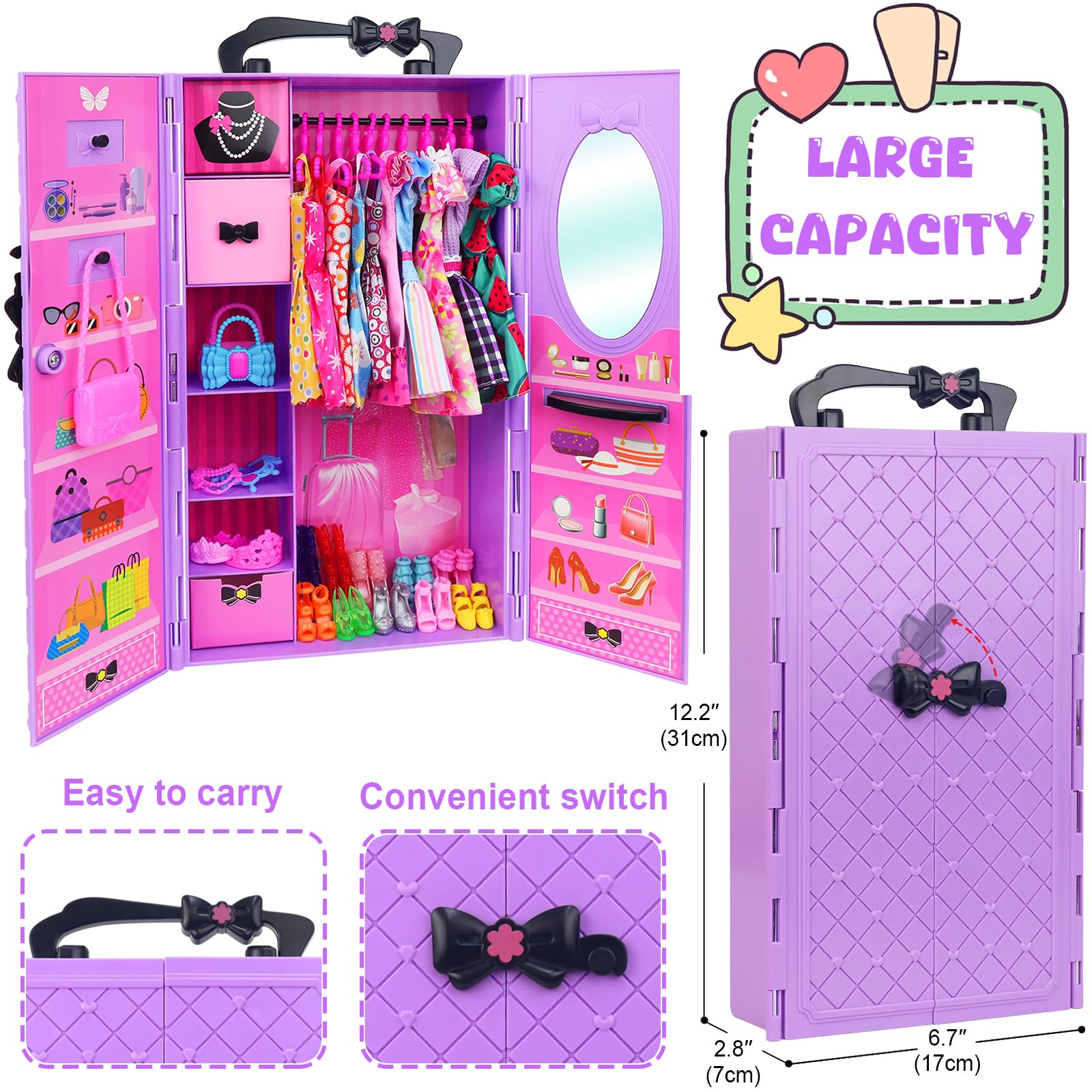 Ecore Fun dresses on doll wardrobe highlight versatile outfits for imaginative styling.