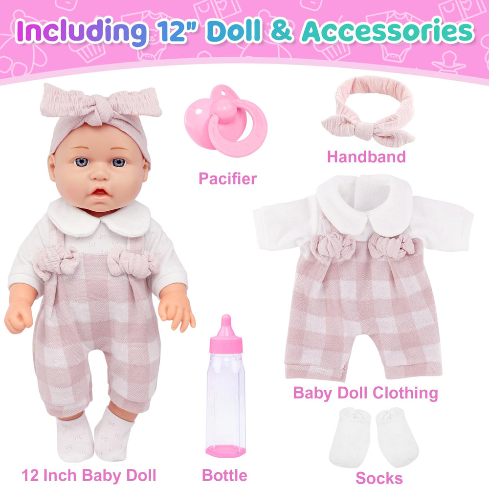 Ecore Fun pink romper on doll highlights soft cotton fabric and easy care.
