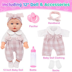 Ecore Fun pink romper on doll highlights soft cotton fabric and easy care.
