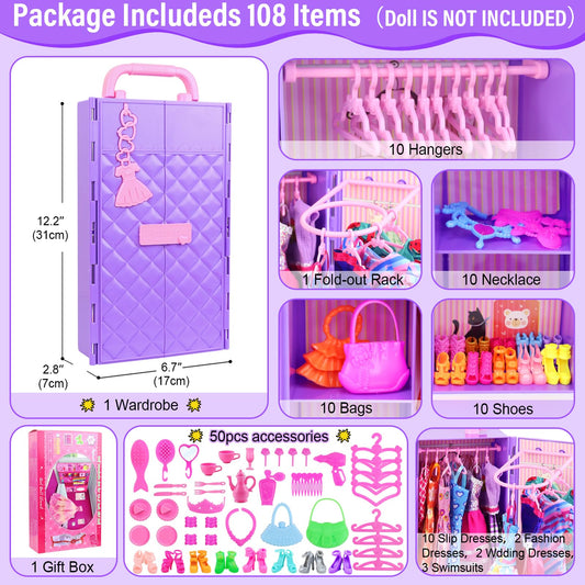 Ecore Fun purple doll closet interior with hangers for organized playtime outfits.