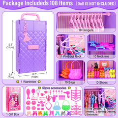 Ecore Fun purple doll closet interior with hangers for organized playtime outfits.