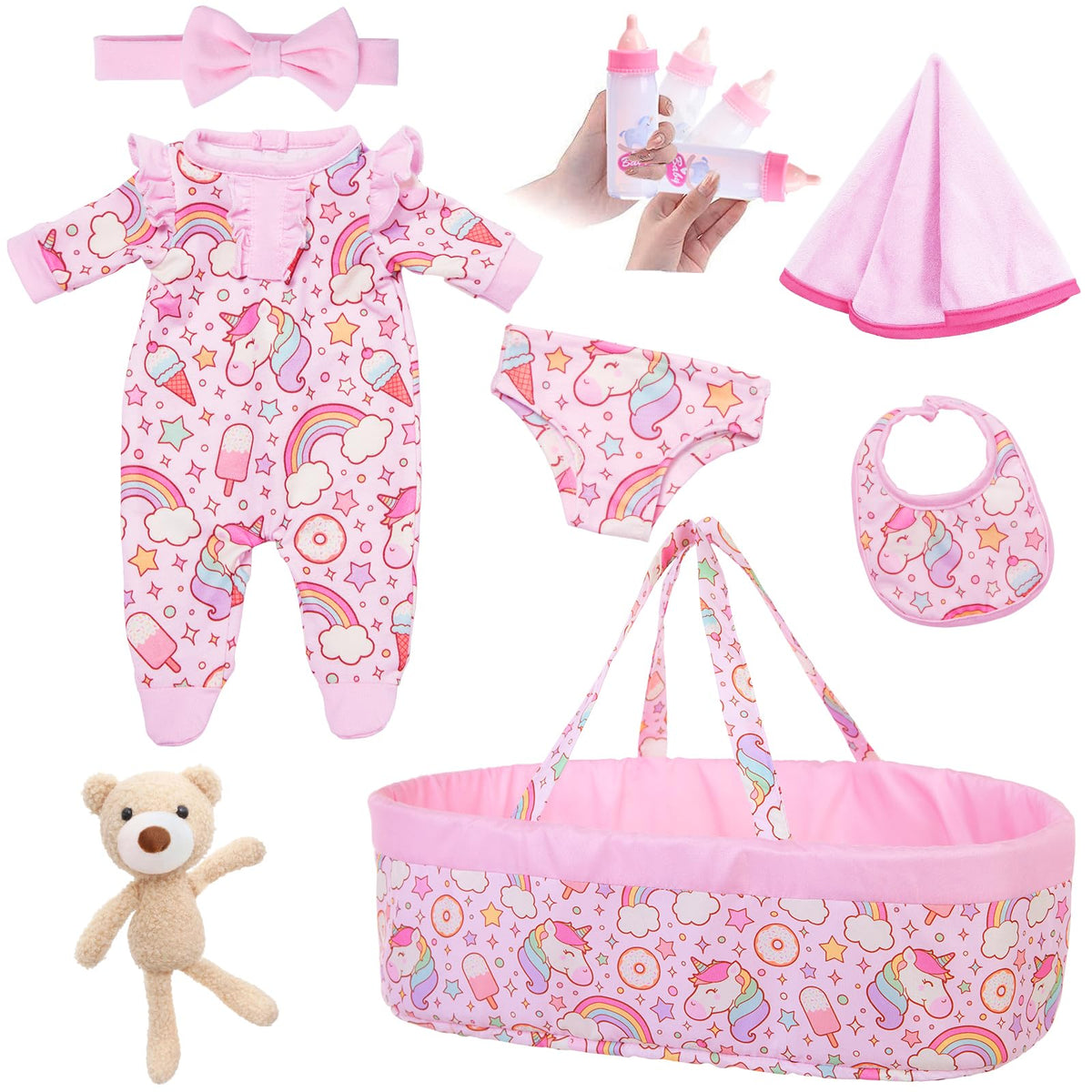 ECORELF bassinet for dolls with flamingo pattern, ideal for portable play and organization