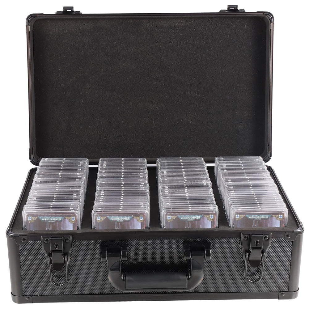 EcoVibe graded card storage box, front view, aluminum body for secure on-the-go protection.