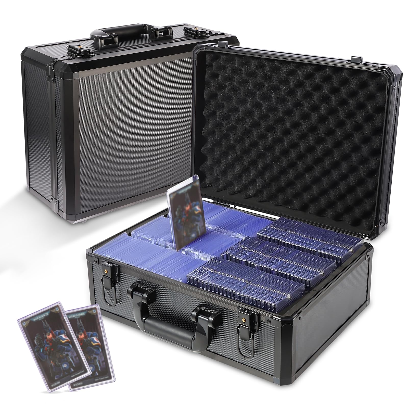 EcoVibe trading card storage box front view with rugged aluminum frame for protection.