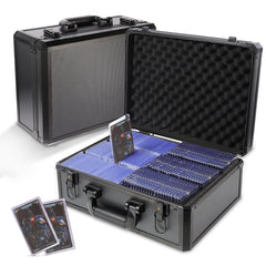EcoVibe trading card storage box front view with rugged aluminum frame for protection.