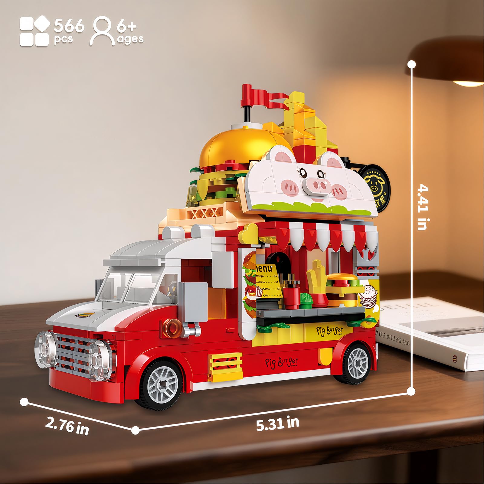 ecpoteny Piggy Burger Truck assembled scene showcases creative building play.