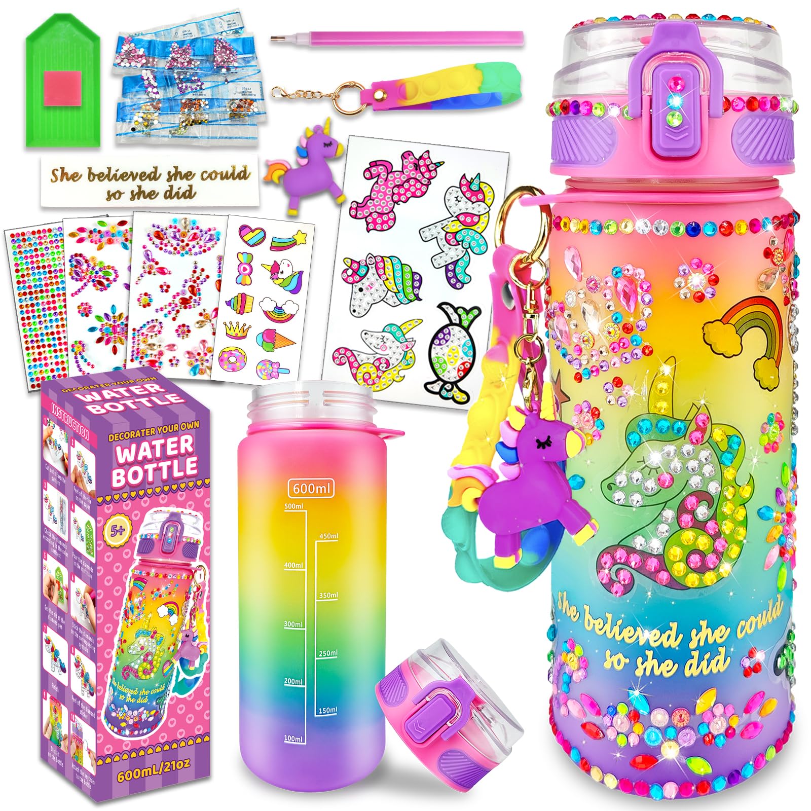 EDSPORTSHOUSE unicorn bottle decorating kit with sparkling stickers for creative play.