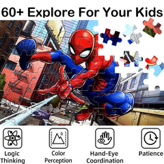 60-piece educational puzzles in metal box open with pieces ready to assemble