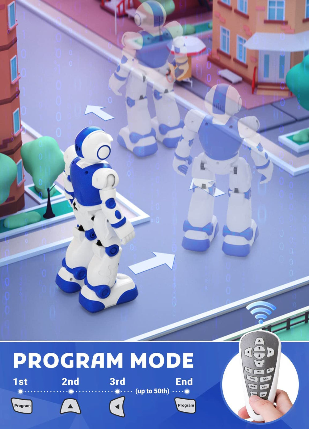 EduCuties robot toy with LED eyes lighting up as it moves.
