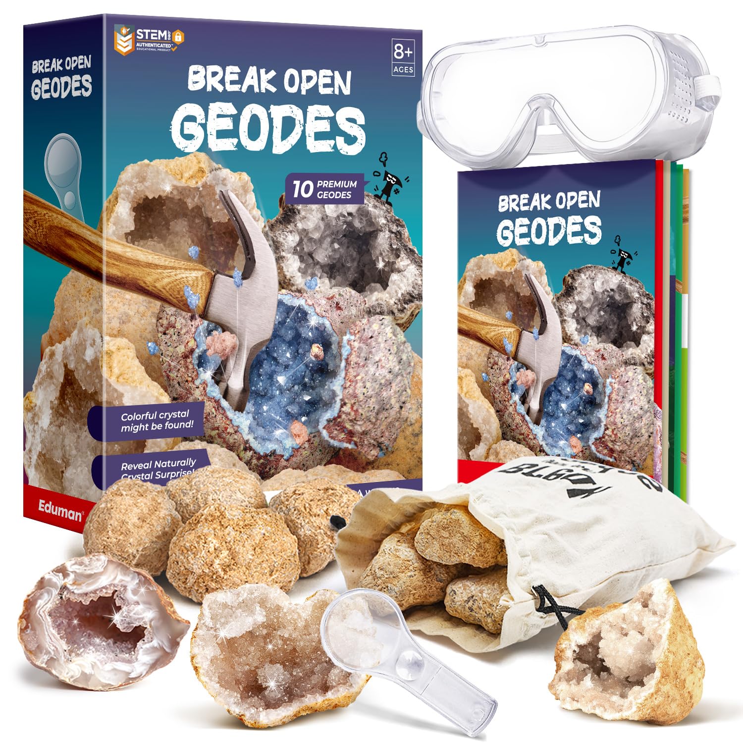 EDUMAN break-open geodes in action revealing crystals for hands-on learning
