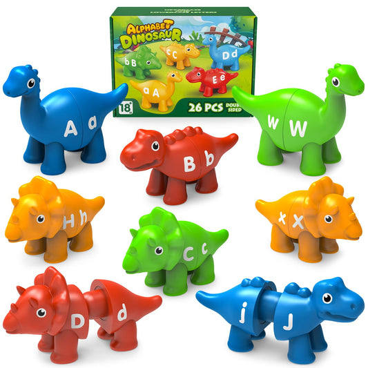 Edumoteso dinosaur alphabet pieces show bold letters for early literacy play.