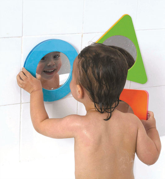 Edushape bath mirrors with colorful shapes support color and shape recognition
