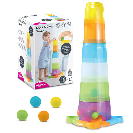 Edushape Stack & Drop Tower color cups for color recognition and early logic play.