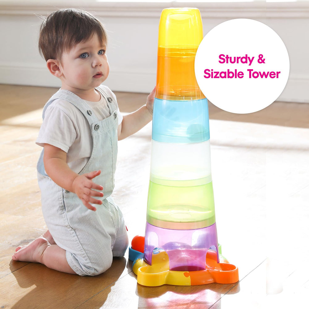 Edushape Stack & Drop Tower tactile play encourages sensory development through stacking.