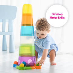 Edushape Stack & Drop Tower bright colors attract attention and stimulate visual tracking.