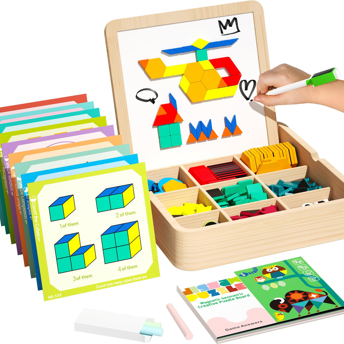edutree wooden magnetic pattern blocks arranged for Creative STEM play and pattern exploration