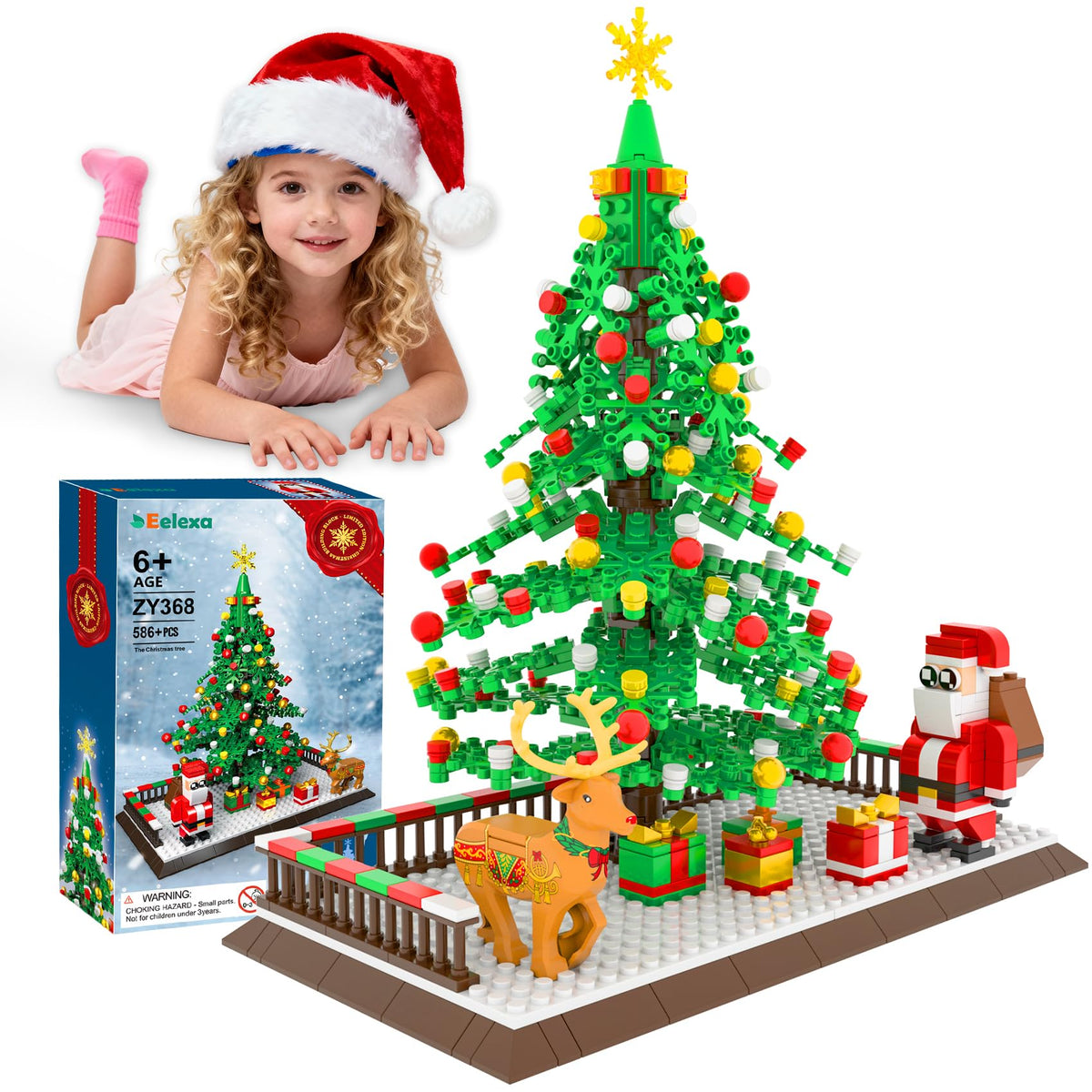 Eelexa Christmas tree building block Santa Claus figure for festive play and decor.