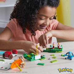 Eevee-Riolu buildable food stand encourages storytelling and fine motor skill development.