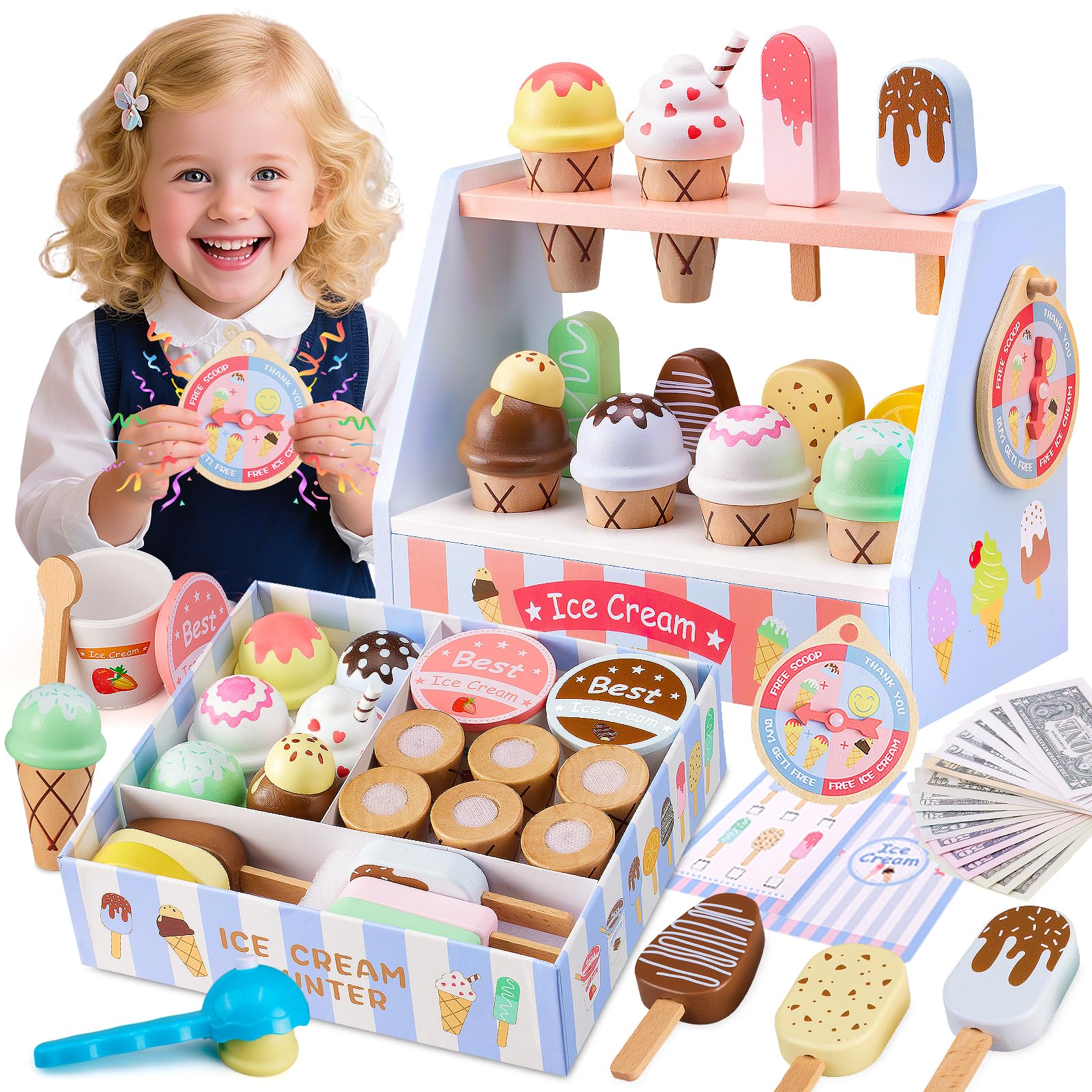 Ehome wooden ice cream counter boosts imaginative play and role‑play fun.