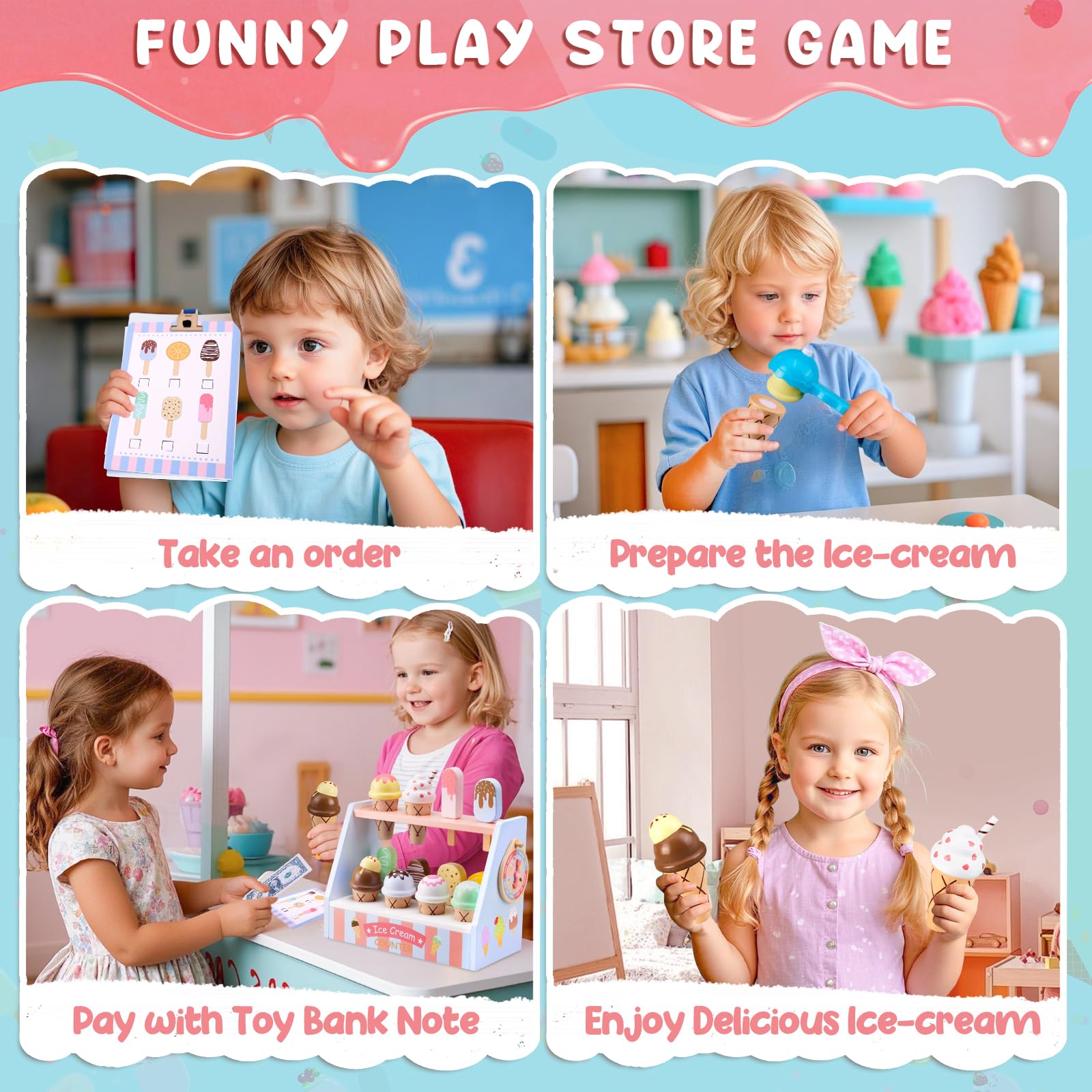 Ehome wooden ice pops add colorful pretend treats to the display.