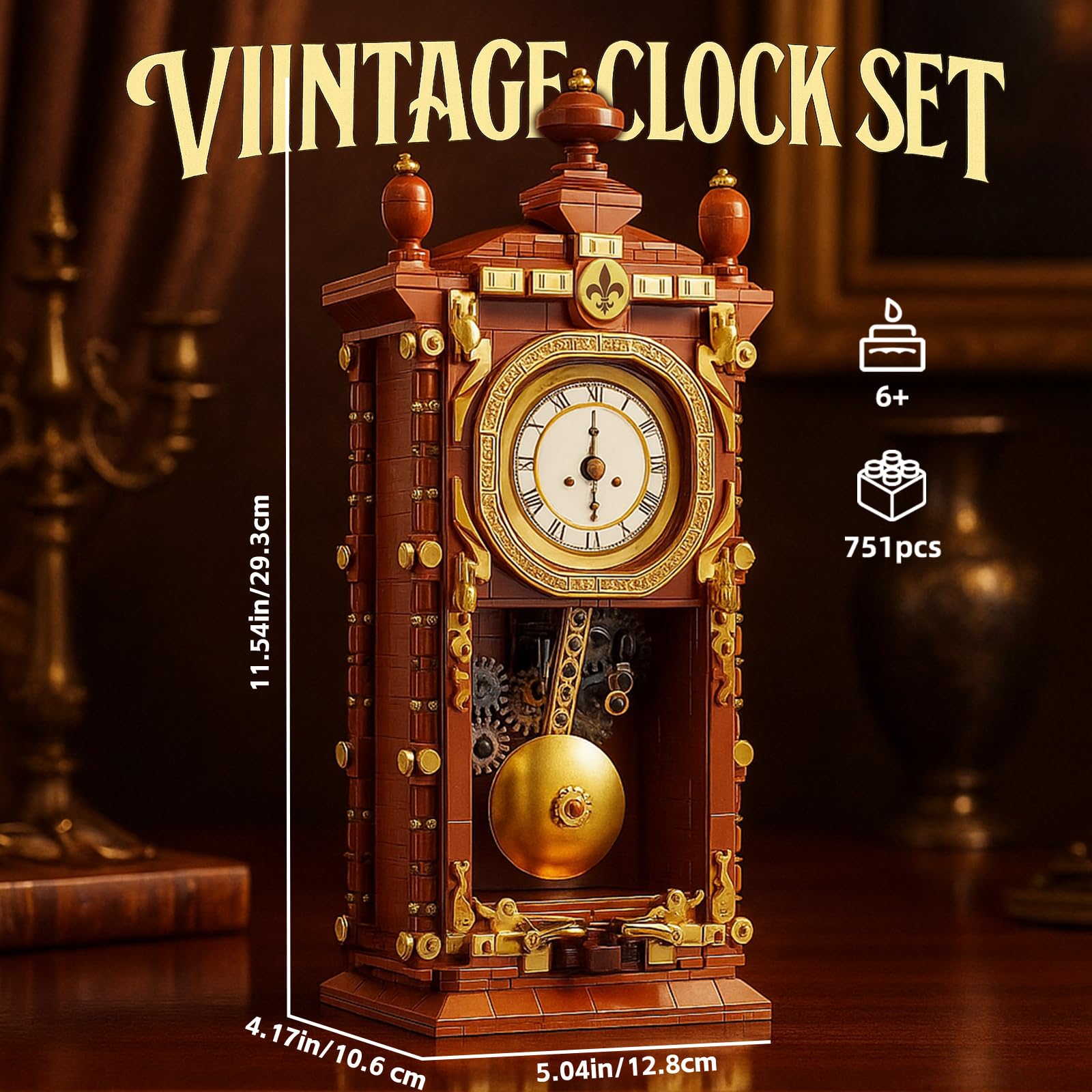 EIAVURPE Retro Clock Building Set internal details reveal gears and craftsmanship.
