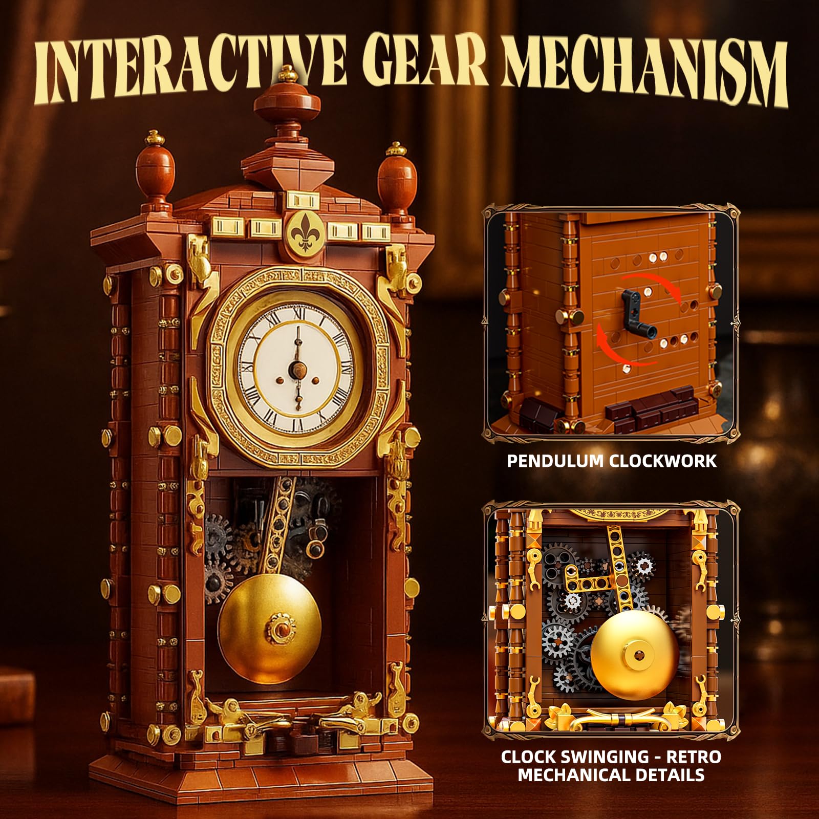 EIAVURPE Retro Clock Building Set pendulum gear close-up highlights moving mechanism.