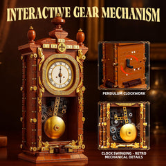 EIAVURPE Retro Clock Building Set pendulum gear close-up highlights moving mechanism.