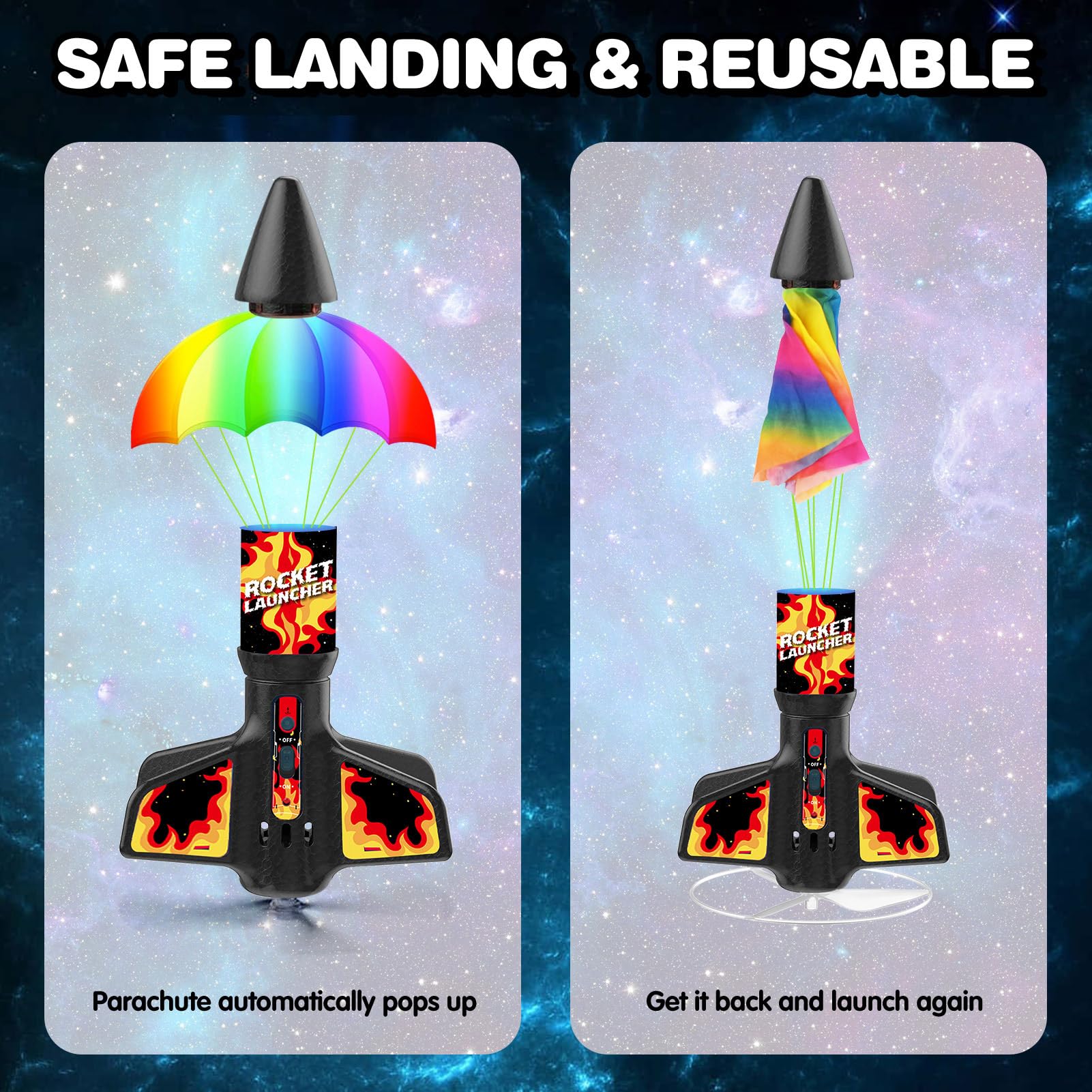 Eieymct Rocket Launcher in action demonstrates reach up to 200 feet for outdoor fun.