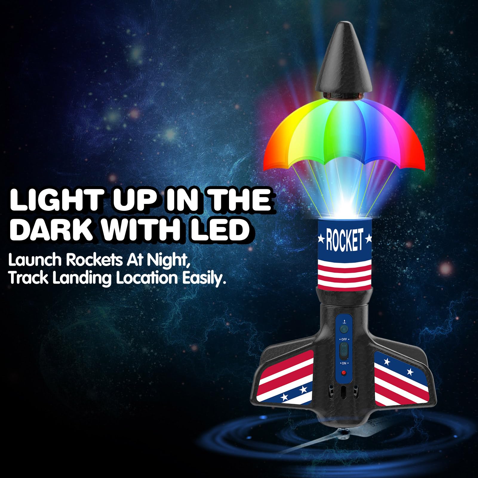 Eieymct rocket launcher with LED lights for easy night tracking.