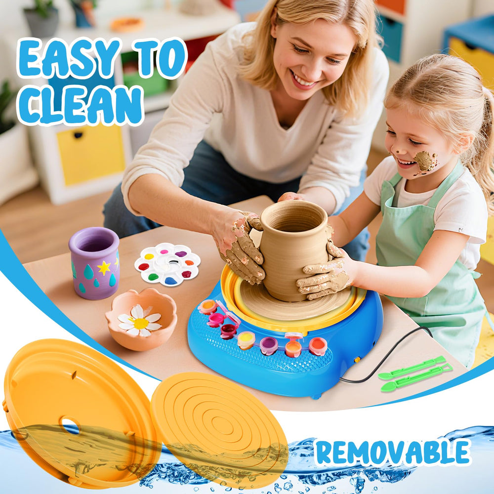 Einailvk pottery carving tools and apron arranged for easy kid-friendly crafting.