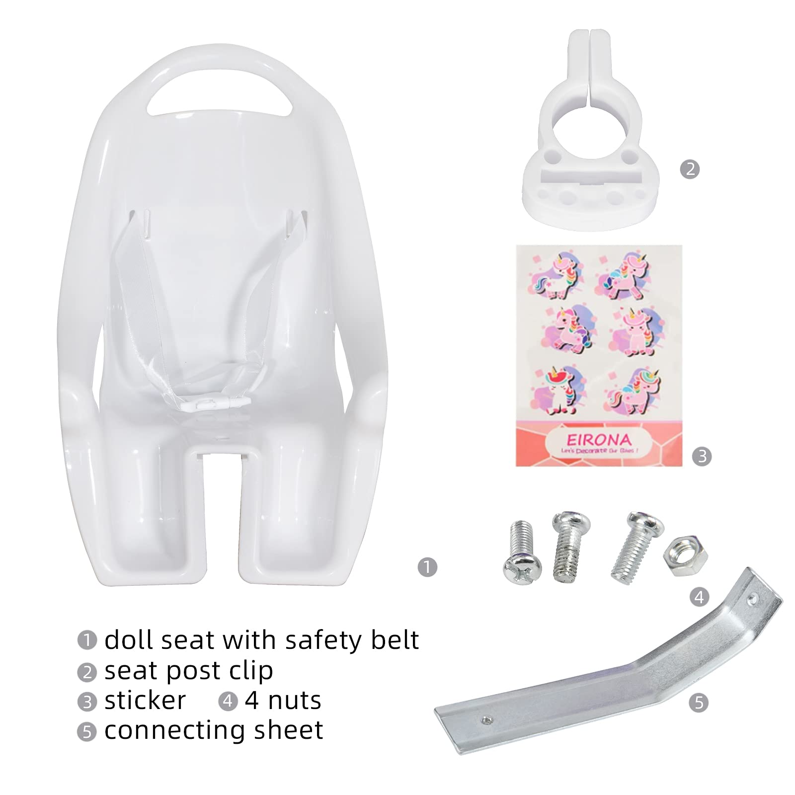 EIRONA doll bike seat installation guide showing quick five-minute setup.