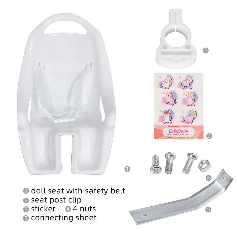 EIRONA doll bike seat installation guide showing quick five-minute setup.
