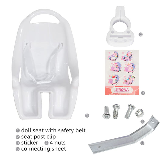 EIRONA doll bike seat installation guide showing quick five-minute setup.