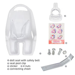 EIRONA doll bike seat installation guide showing quick five-minute setup.